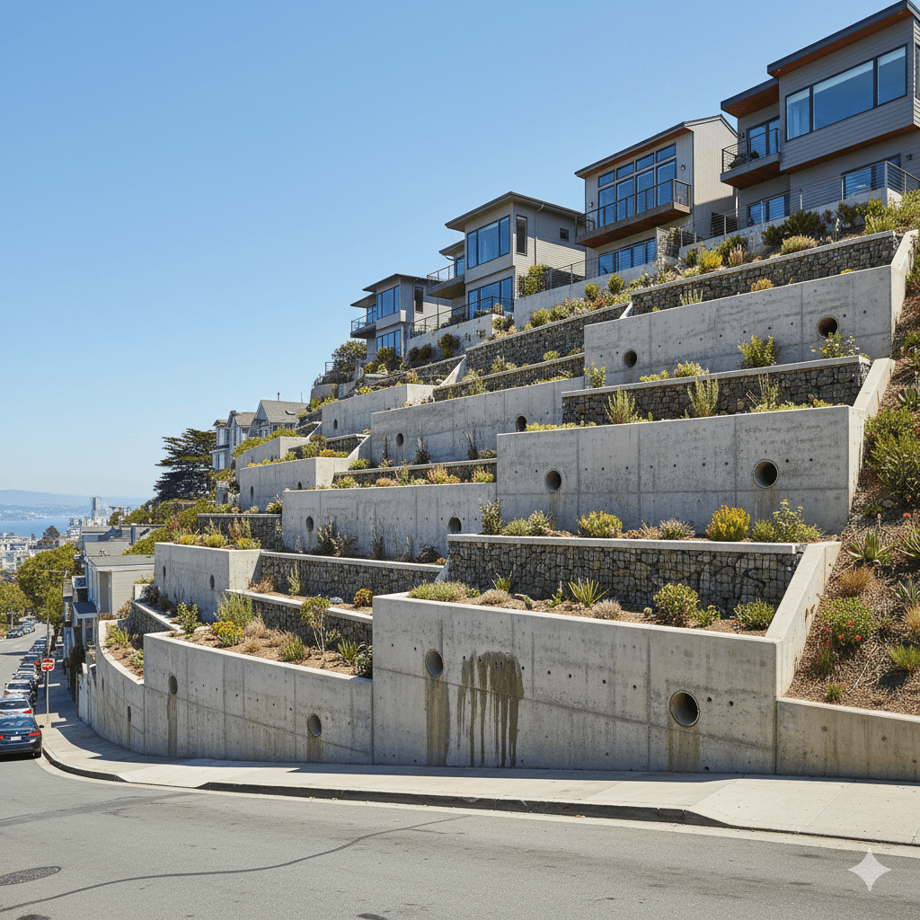 San Francisco hillside neighborhood with robust retaining walls during golden hour, featuring an engineer consulting on safety.