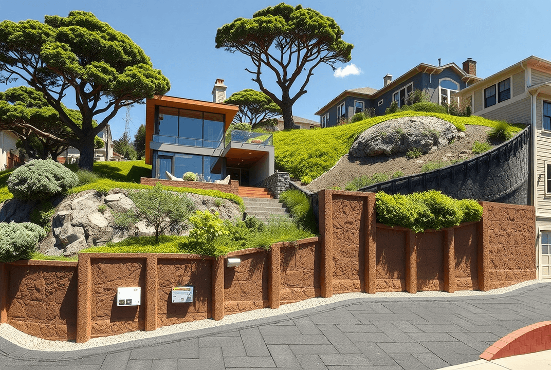 Modern, earthquake-safe ADU built into a steep hillside in San Francisco, featuring innovative design with glass, steel, and wood