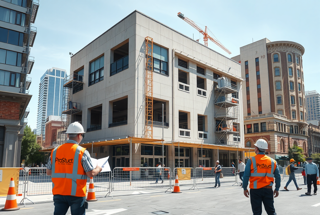 Structural engineers in branded gear review blueprints at a San Jose soft story retrofit site, with visible urban construction and digital screens.