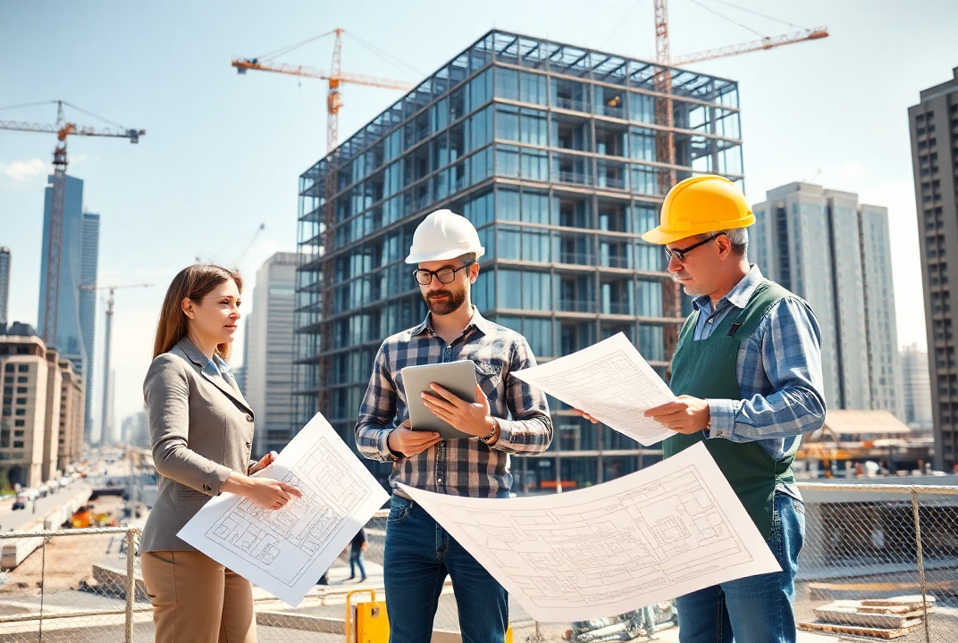 Architects, structural engineers, and contractors discuss plans at a sunny urban construction site.