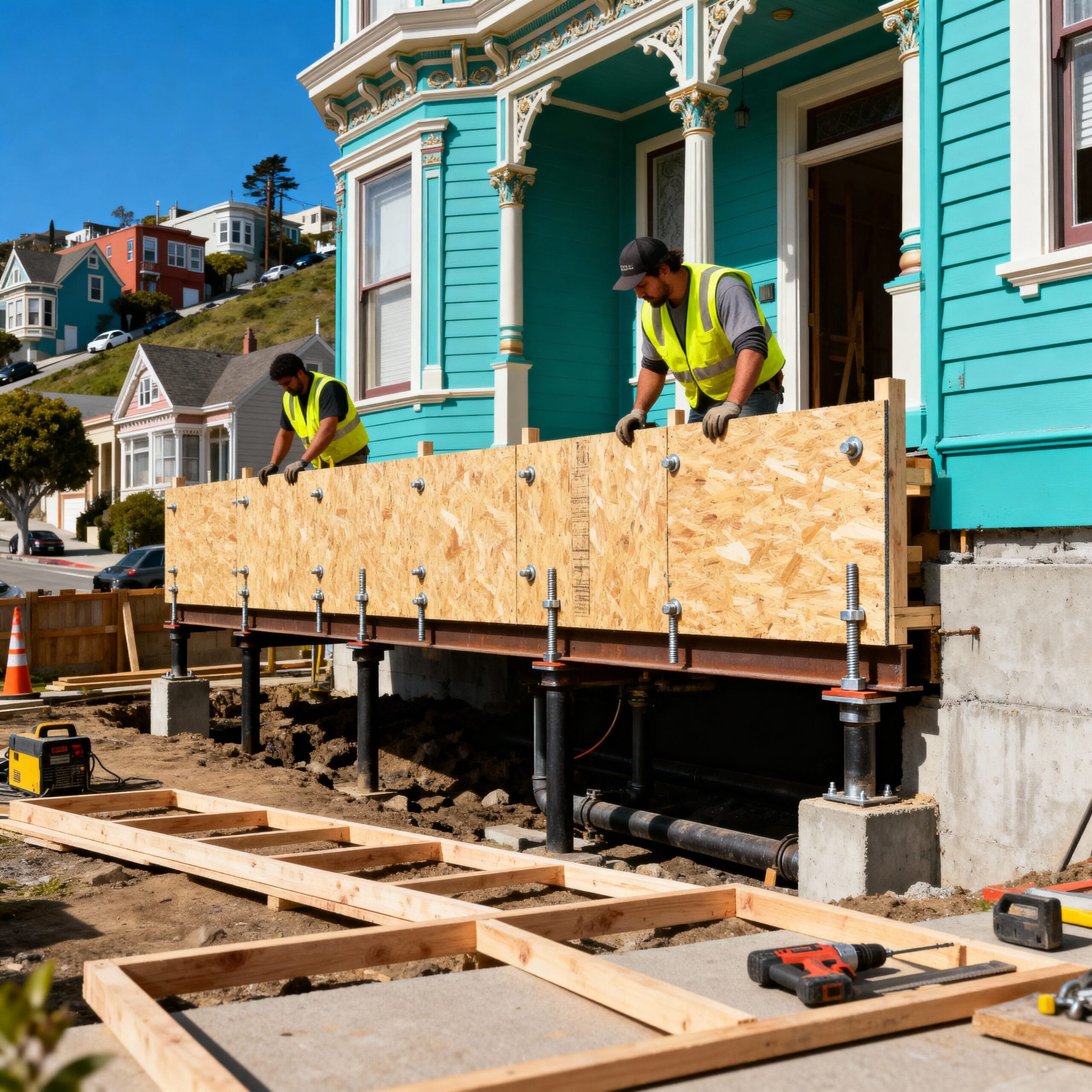 Workers retrofit a Victorian house in San Francisco with raised foundation and cripple wall bracing under the Earthquake Brace + Bolt program.