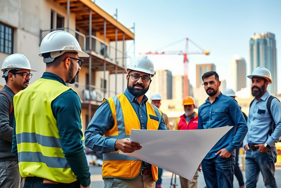 Project manager and team discuss soft story retrofit permit at a San Jose construction site.