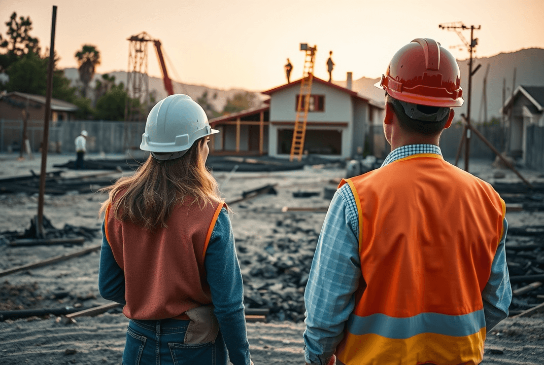 Homeowner and engineer at Altadena fire rebuild site, planning new, fire-resistant home at sunset.
