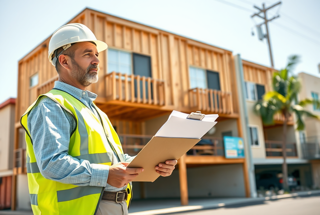 Structural engineer inspects a Burbank soft story retrofit, clipboard in hand, by a wood-framed building with visible braces.