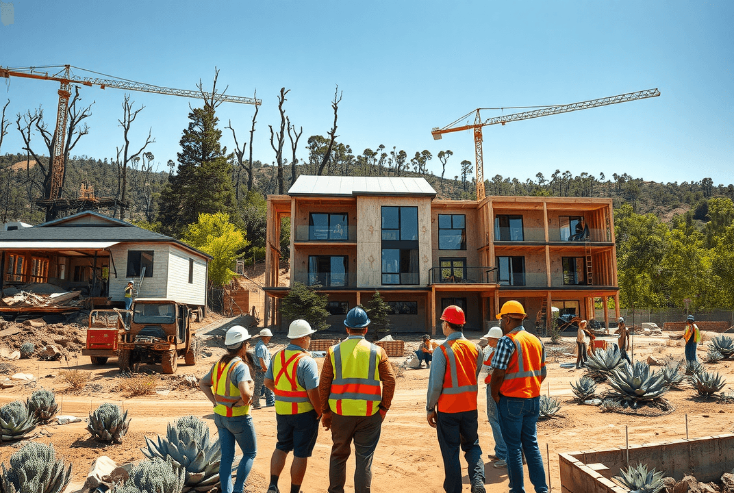 "Diverse team discusses construction in Los Angeles, rebuilding fire-resistant homes post-2025 wildfire, symbolizing renewal."