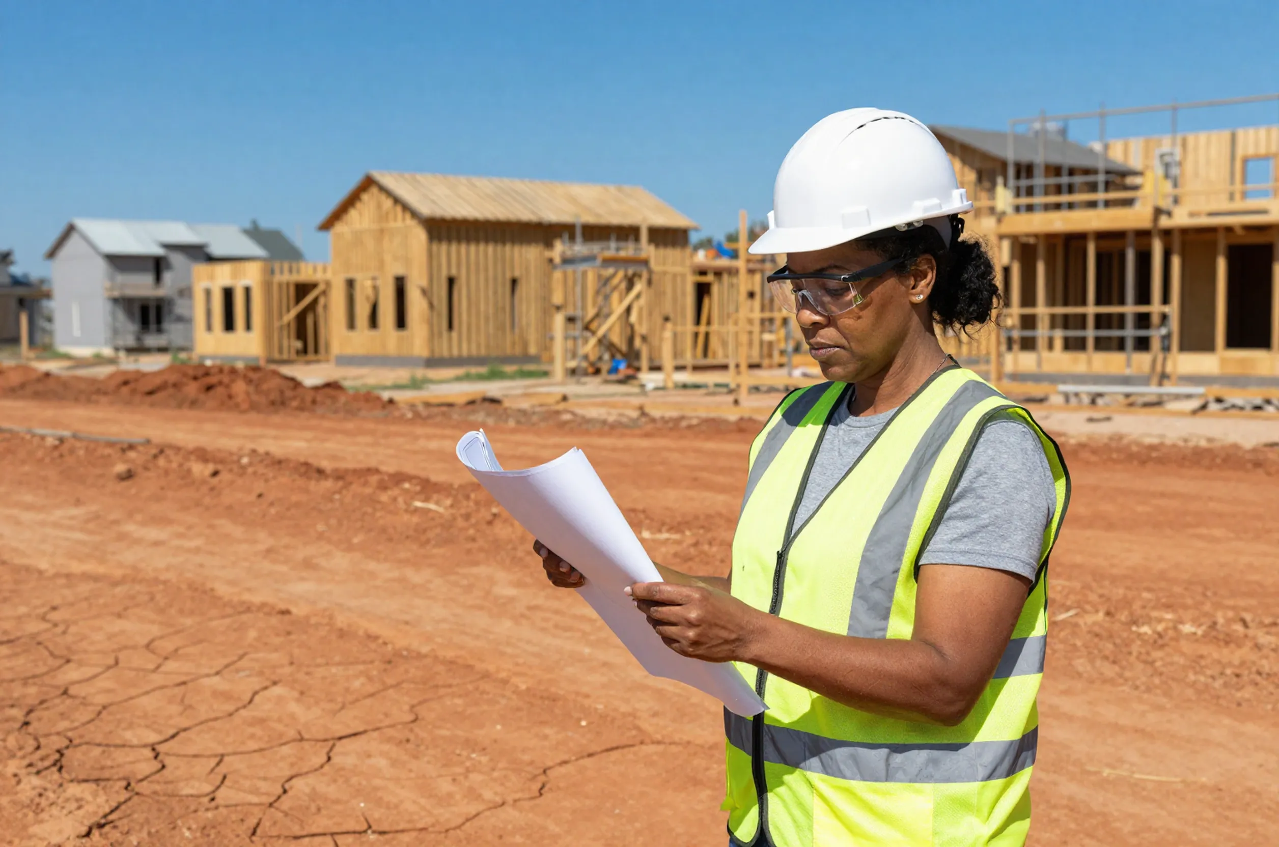 Black female structural engineer reviews foundation plans on a Dallas construction site, depicting vibrant clay soil and framed houses under a clear blue sky.