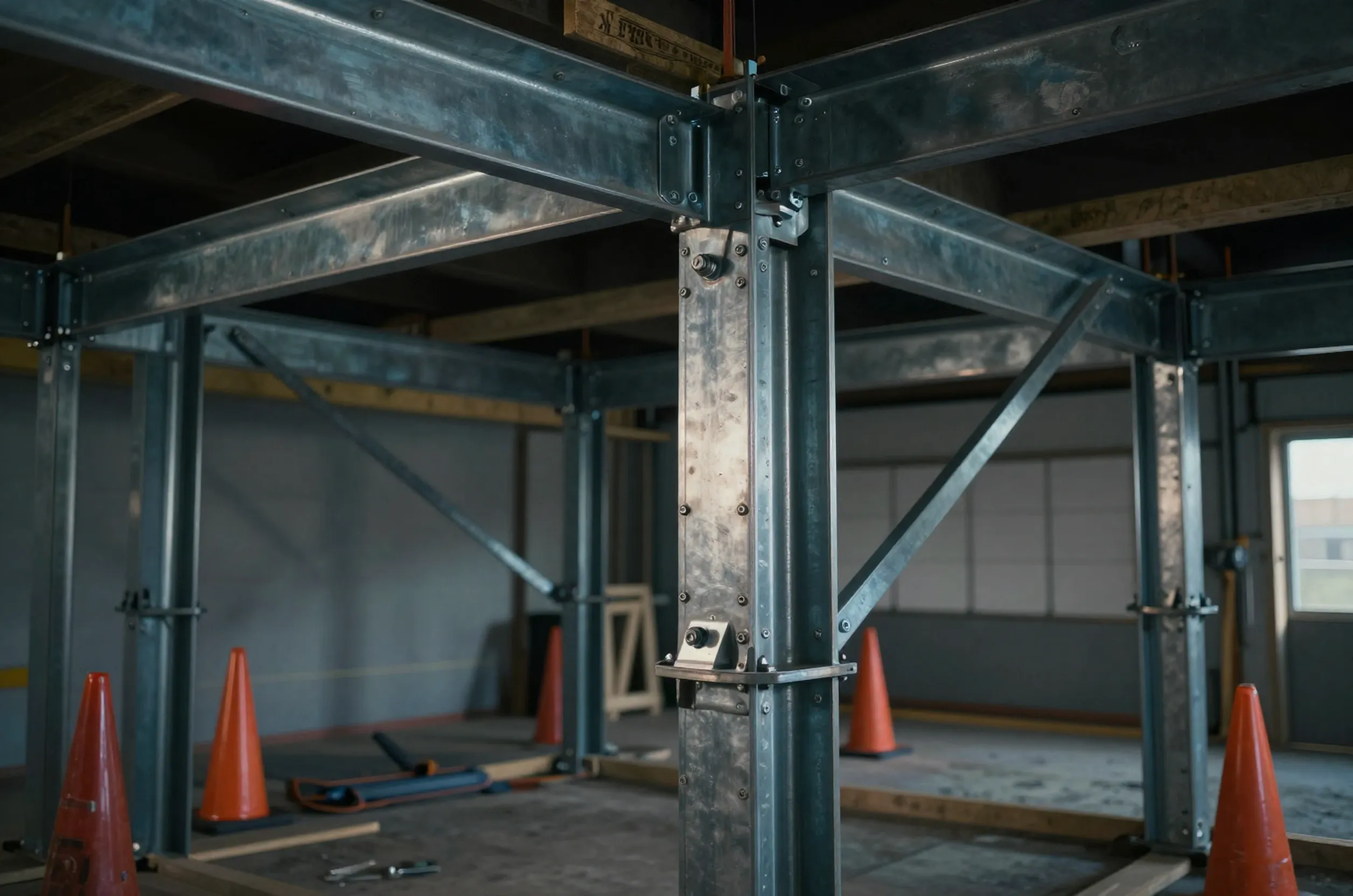 Close-up of steel moment frame installation in a garage for a Hollywood retrofit, featuring detailed welding and bolts, under dramatic lighting.