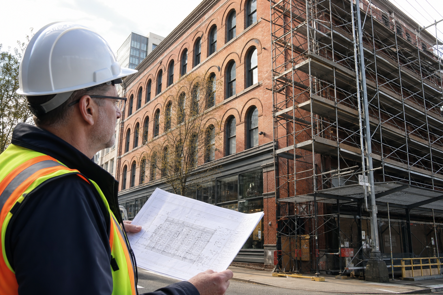Structural engineer reviewing seismic retrofit plans for a Seattle unreinforced masonry building under SEBC compliance.