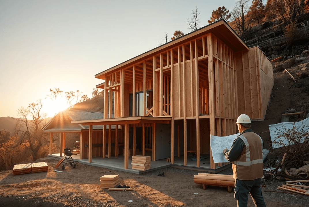 Fire rebuild of a modern California home, with new framing and a structural engineer at work, set against a recovering, burned hillside.