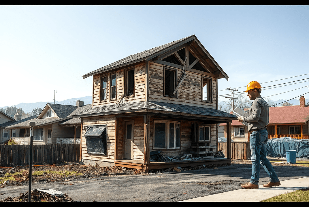 "Structural engineer assesses fire damage on a charred suburban house in Altadena post-Eaton Fire."