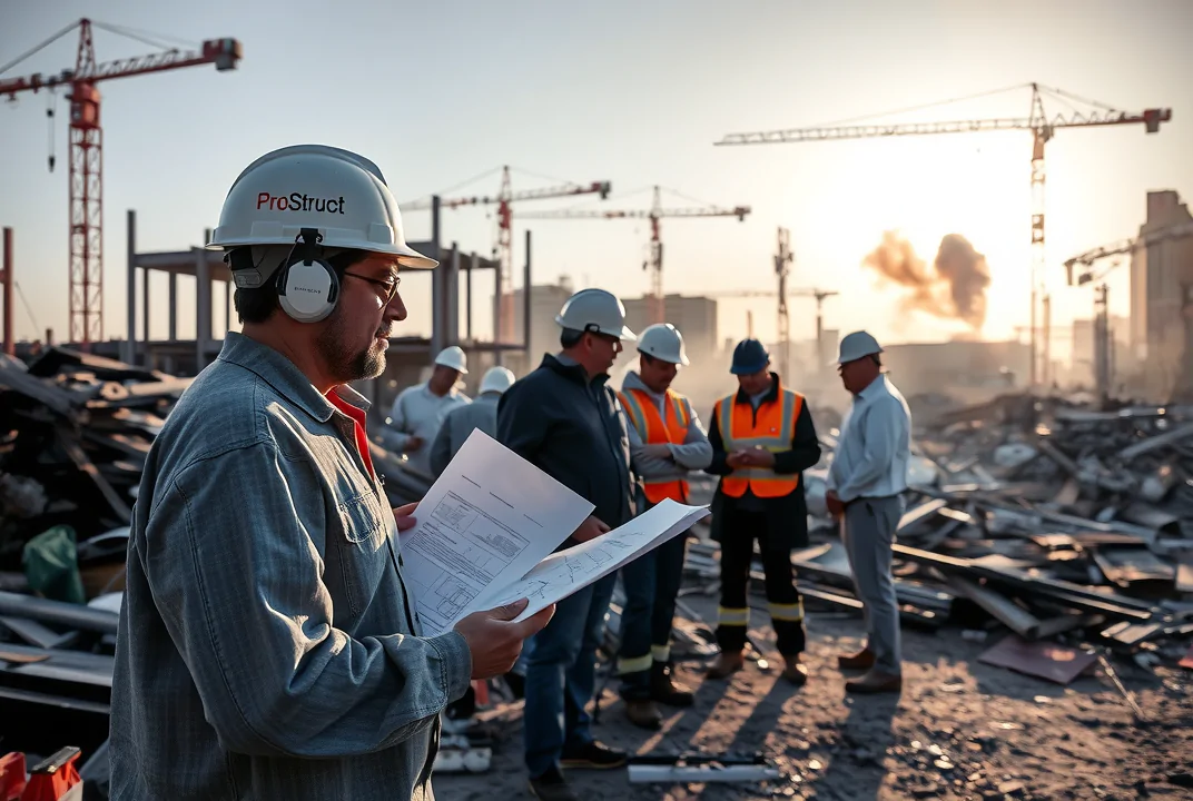 Alt Text: Dawn at a Los Angeles construction site post-fire, with ProStruct manager and team actively discussing fire rebuild timeline.