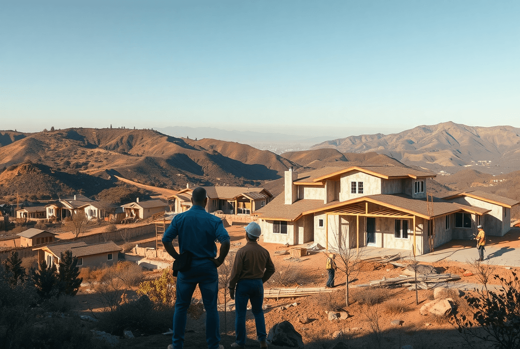 Homeowner, architect, and manager discuss a new fire-resistant home build in wildfire-hit LA, with recovery efforts visible.