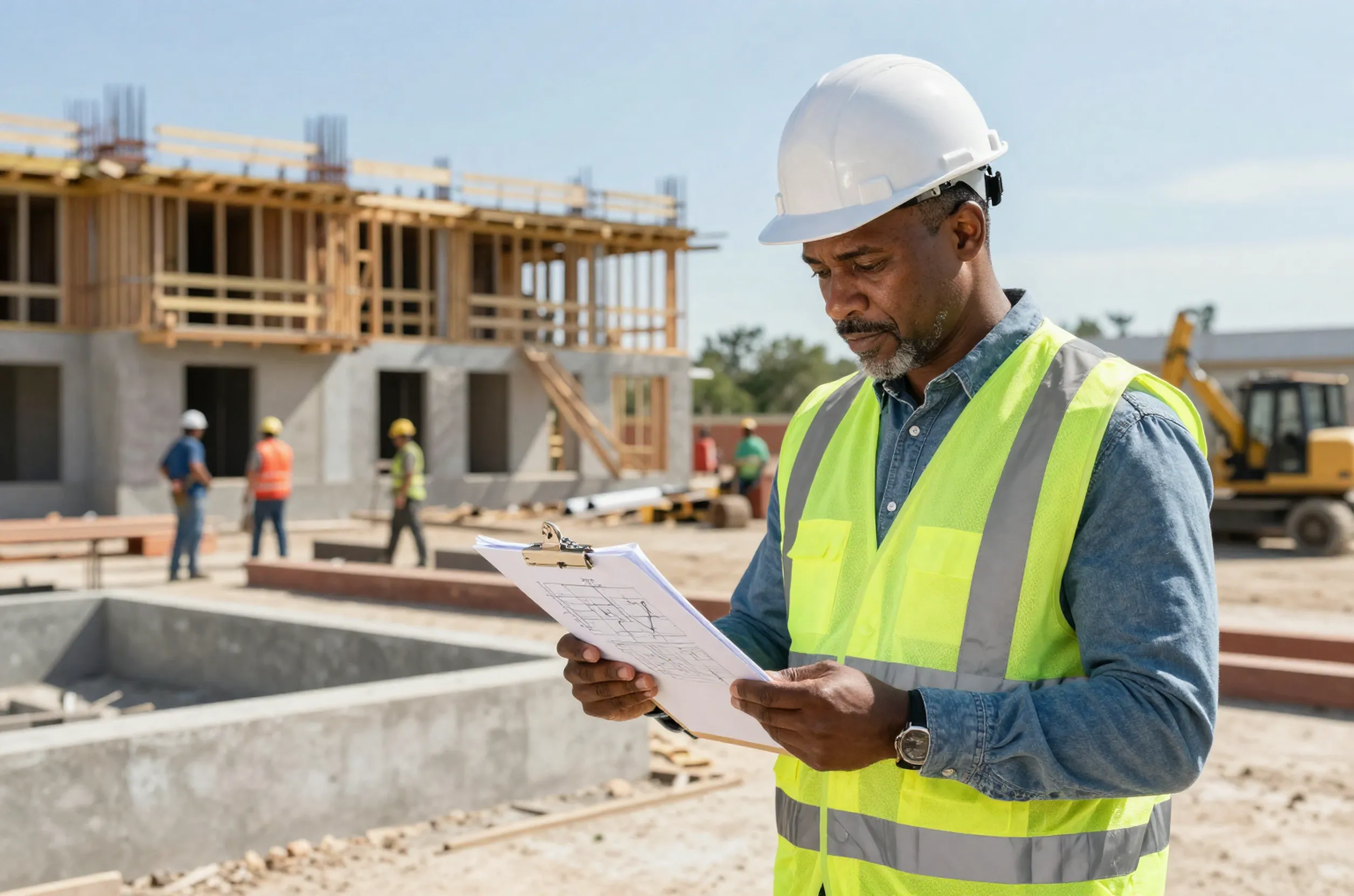 Structural engineer in Dallas reviews plans at a busy residential construction site under a clear sky.