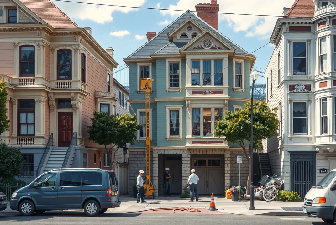 \"San Francisco neighborhood with a transparent house showing foundation bolting by ProStruct engineers during an earthquake.\"