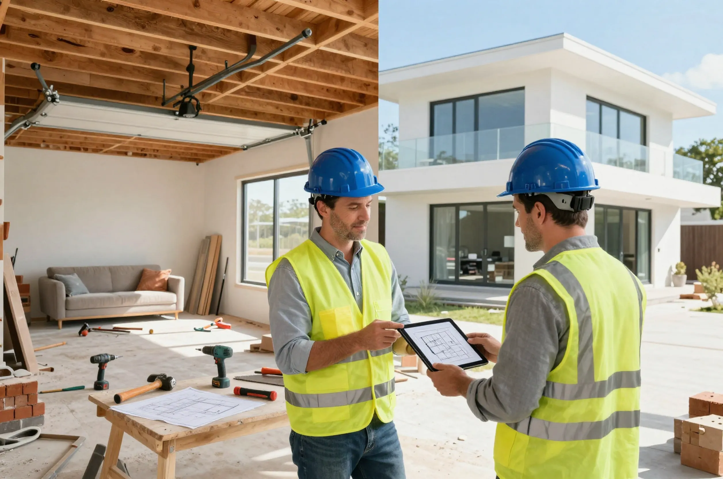 Split-scene image comparing garage conversion vs detached ADU in San Diego, with engineer and homeowner discussing plans.