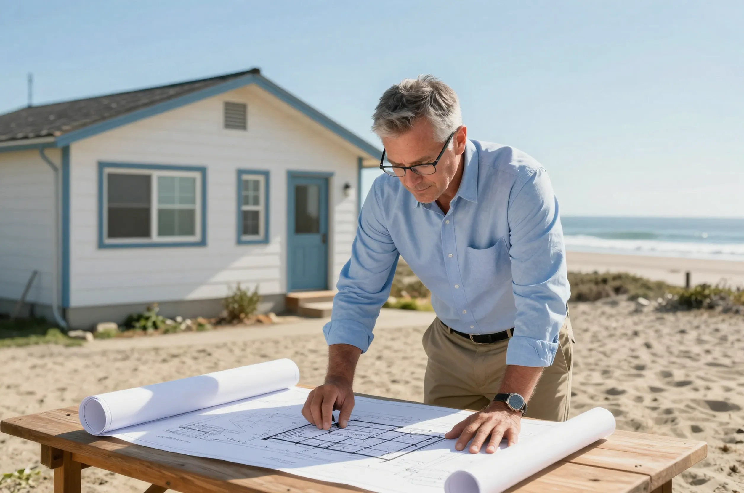 Structural engineer reviews ADU redesign costs on blueprints at a coastal Goleta property.