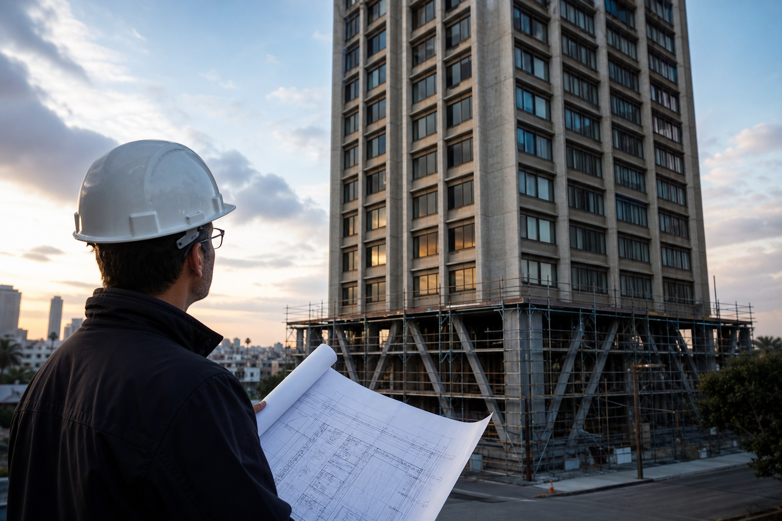 Professional structural engineer reviewing blueprints beside a tall concrete high-rise with seismic retrofit bracing in West Hollywood.