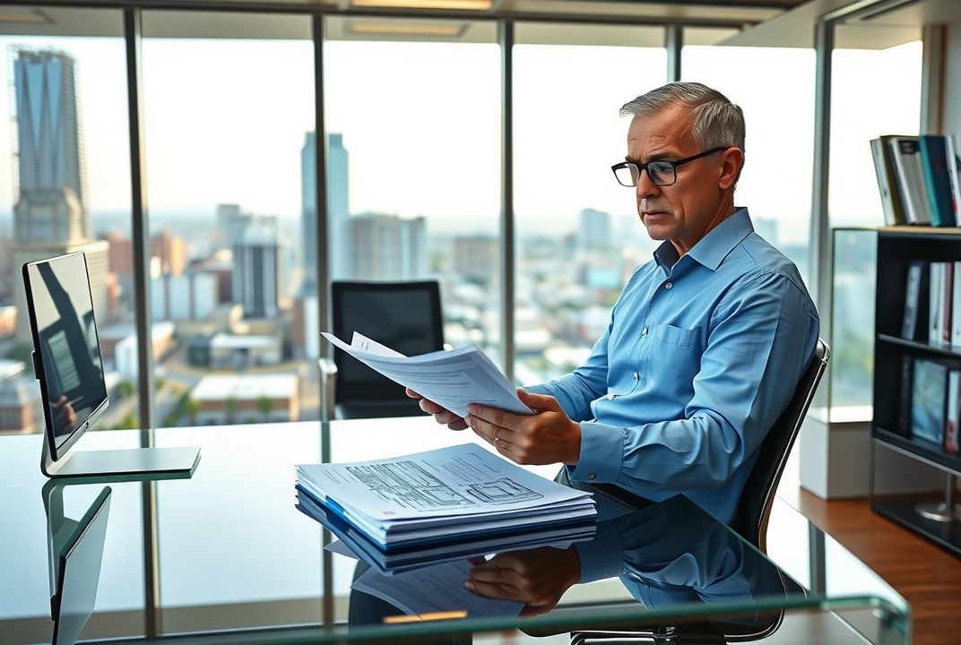 Professional engineer reviews soft story permit fee refund documents in modern Burbank office.