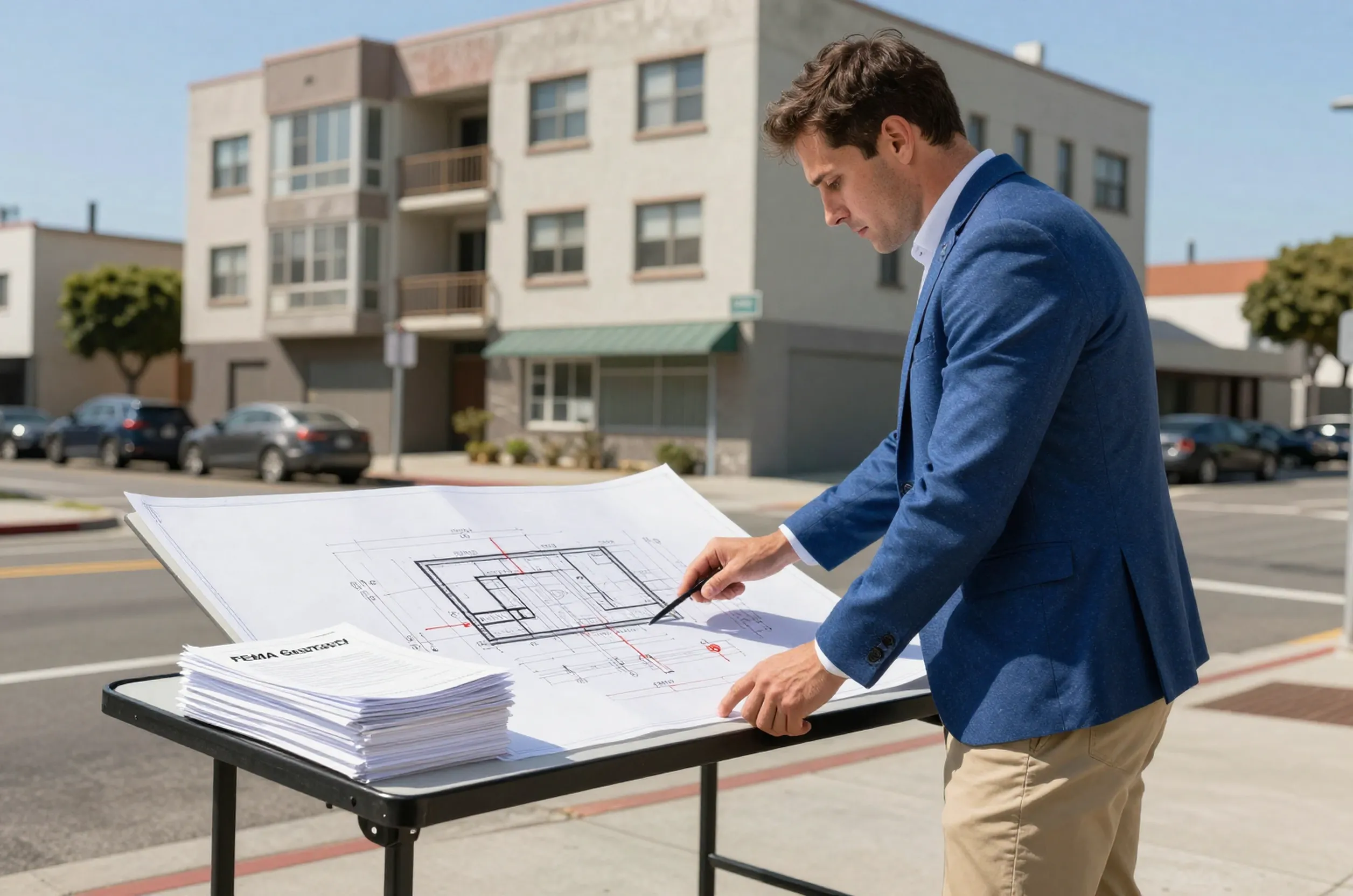 Structural engineer reviews soft-story retrofit plans in Santa Monica, with FEMA seismic design grant documents nearby.