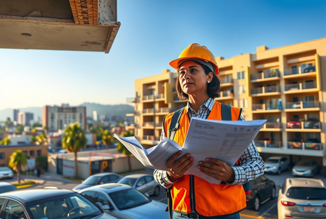 South Asian female structural engineer inspects a soft story building in Burbank for vulnerabilities.