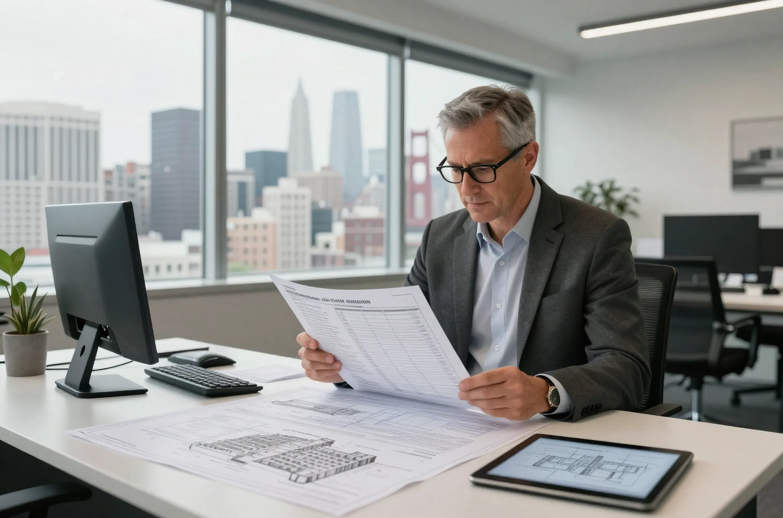 Structural engineer in San Francisco office reviews list of vulnerable concrete buildings, surrounded by blueprints and digital displays.