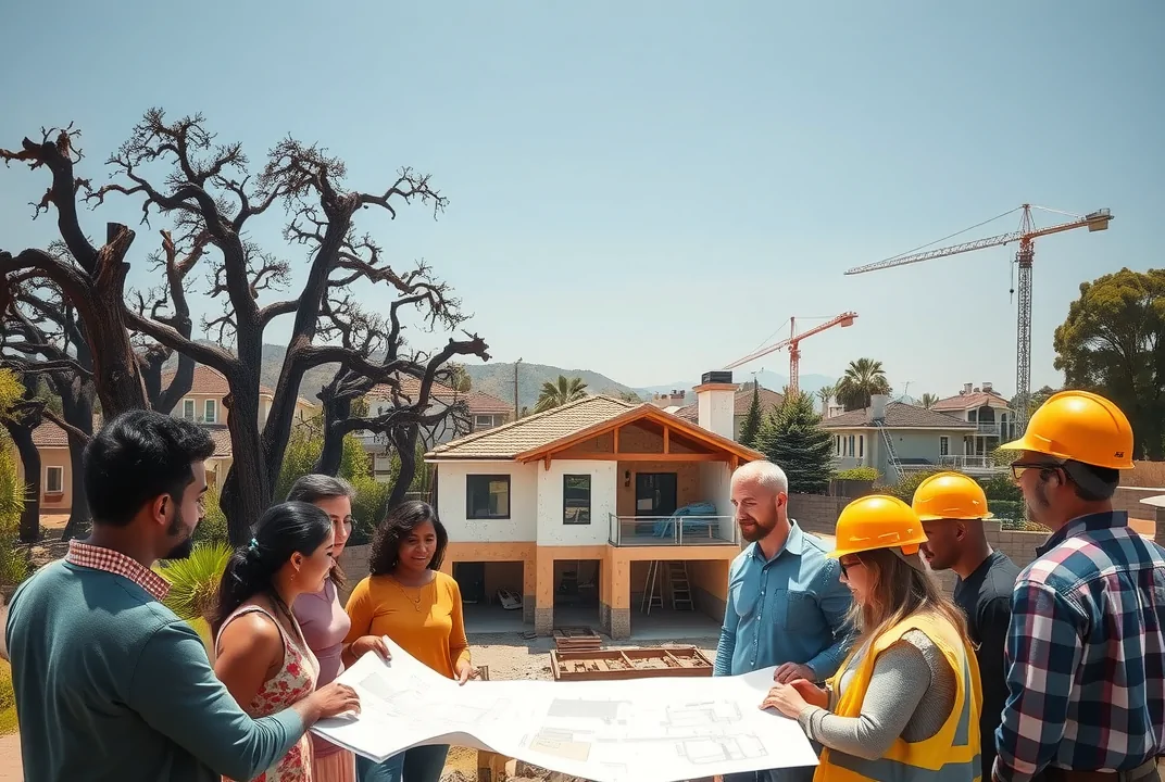 Altadena and Palisades residents and ProStruct experts discuss LA fire rebuilding permits near a fire-resistant home under construction.
