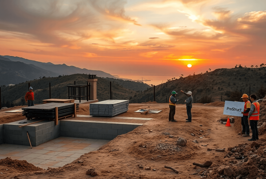"Malibu fire rebuild scene with workers laying foundations and discussing fire-resistant designs at sunset."