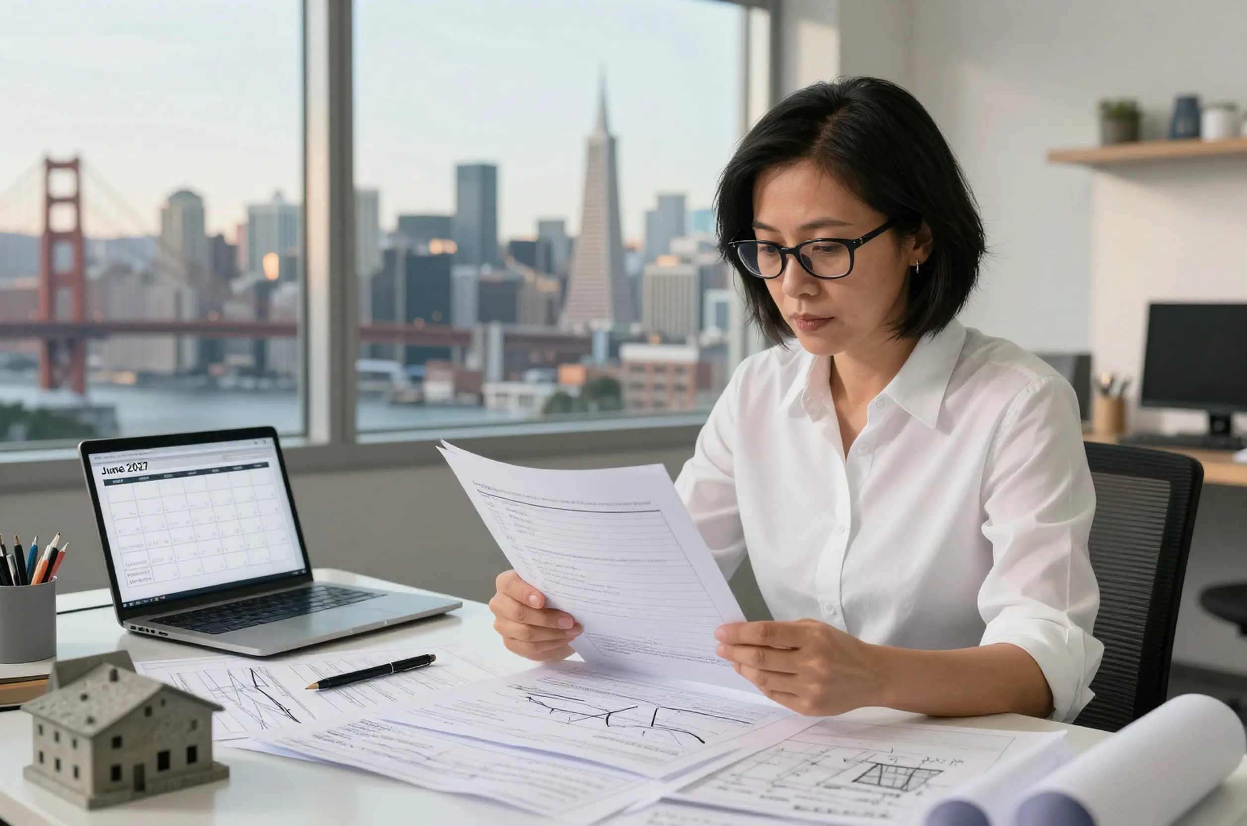 Asian female structural engineer reviews San Francisco concrete building plans, deadline June 2027 visible.