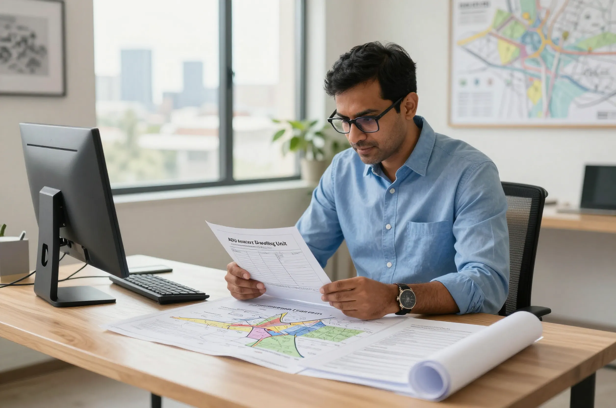 South Asian structural engineer reviews San Diego ADU permits and blueprints in a bright, modern office.