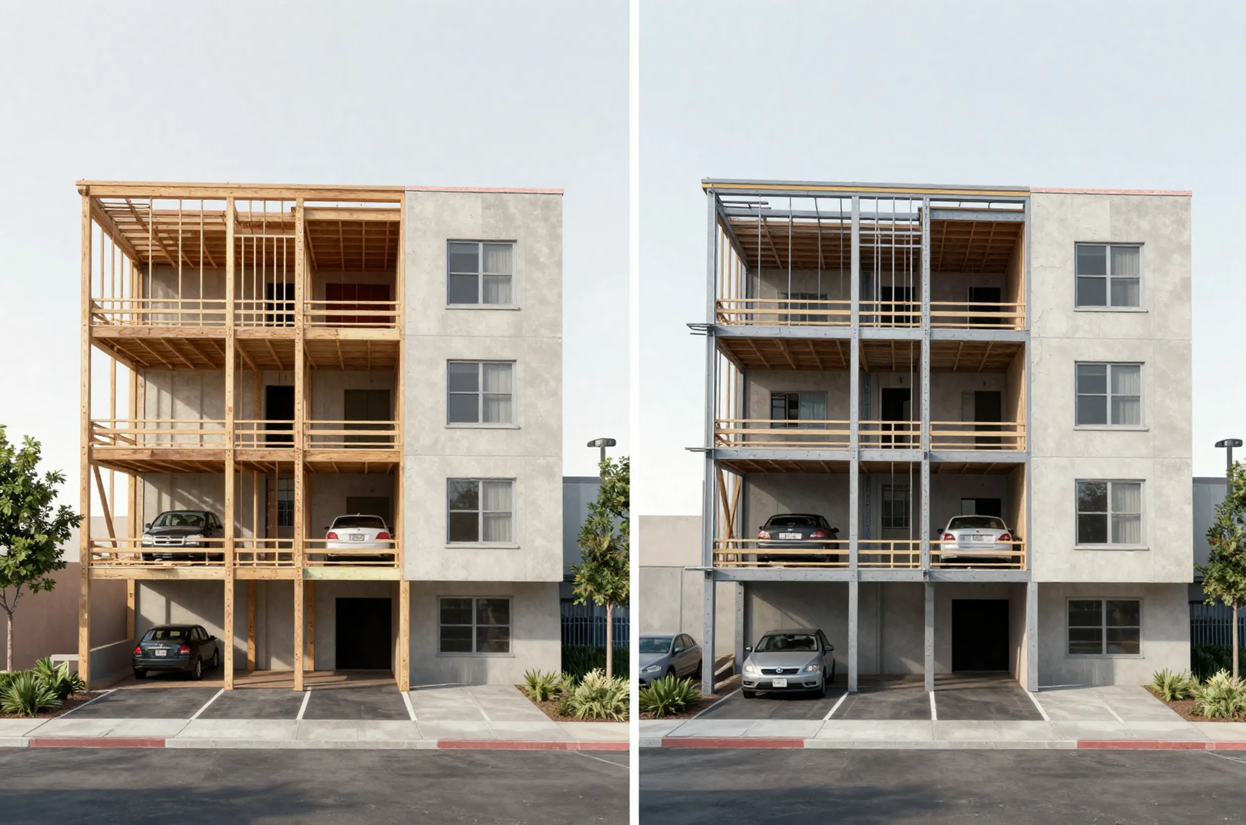 Cutaway view of a soft-story building in West Hollywood before and after non-ductile concrete retrofit, showing structural enhancements.