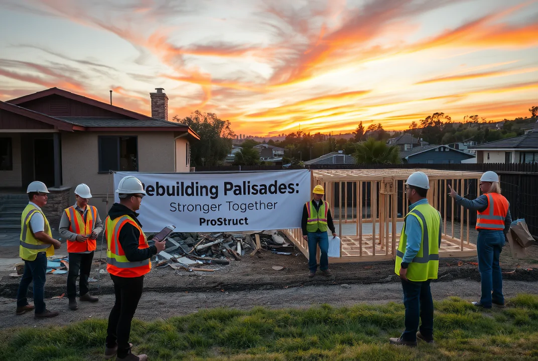 "Engineers inspect fire-damaged homes in Palisades at dusk, with construction and community rebuilding in the background."