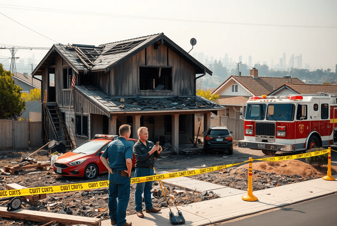 "ProStruct team assesses Pasadena fire damage at a charred home, with safety measures and emergency vehicles in view."