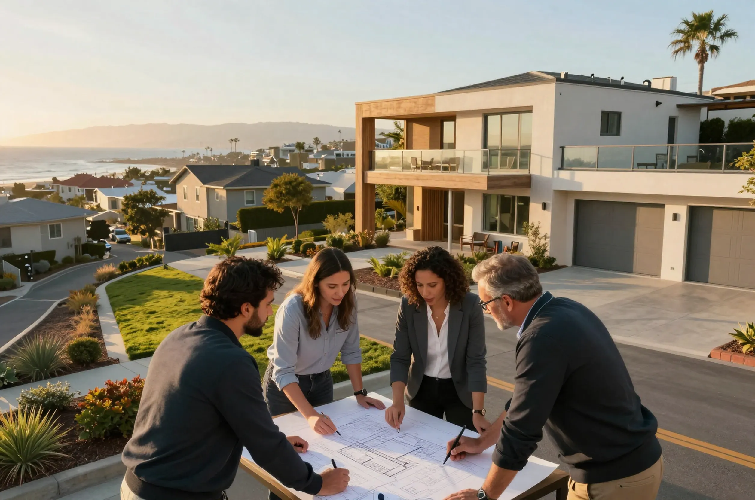 Structural engineer discusses ADU structural design with homeowners in Goleta at golden hour.