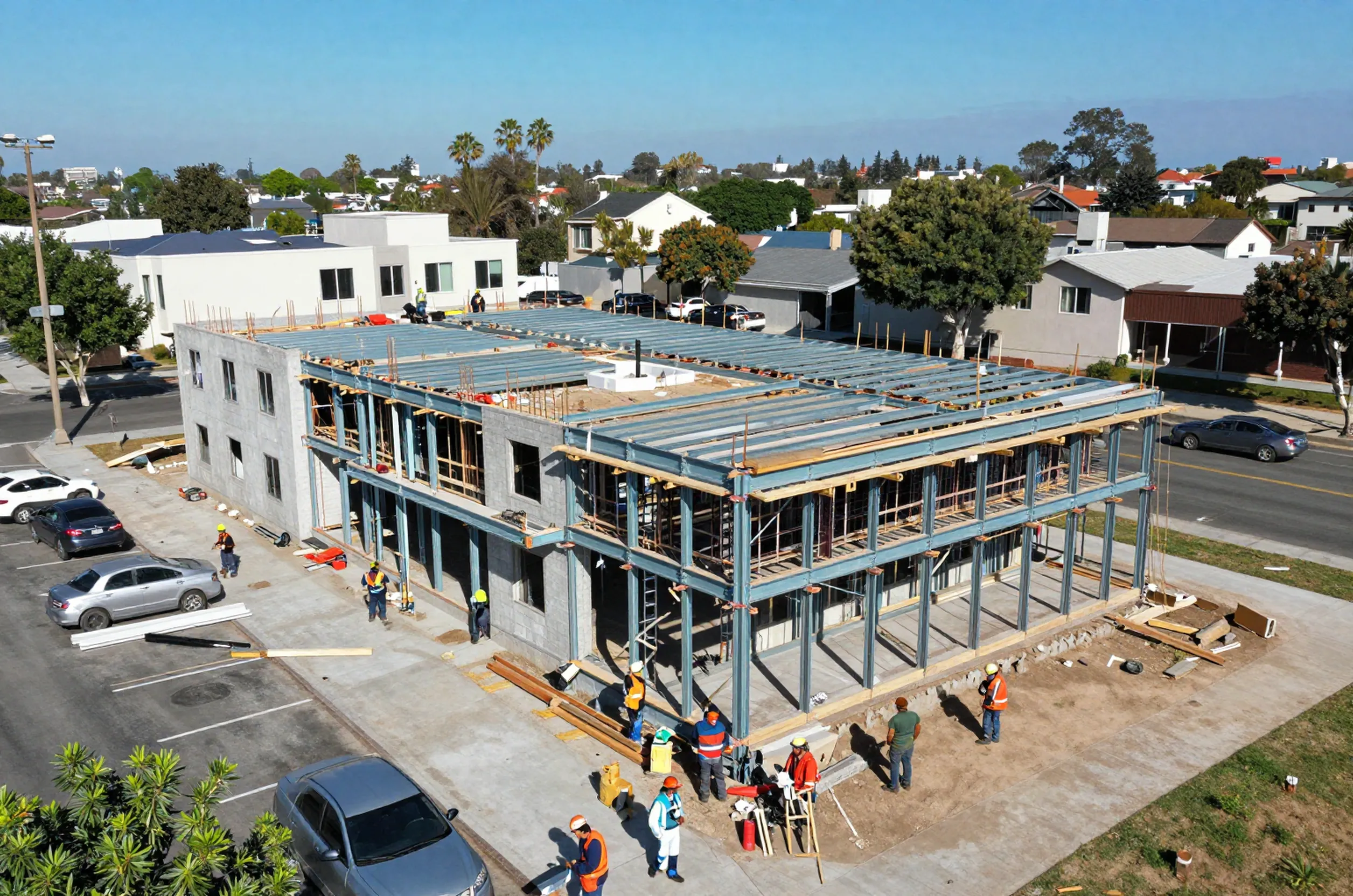 Aerial view of a seismic retrofit at a San Jose apartment, with workers reinforcing the structure against earthquakes.