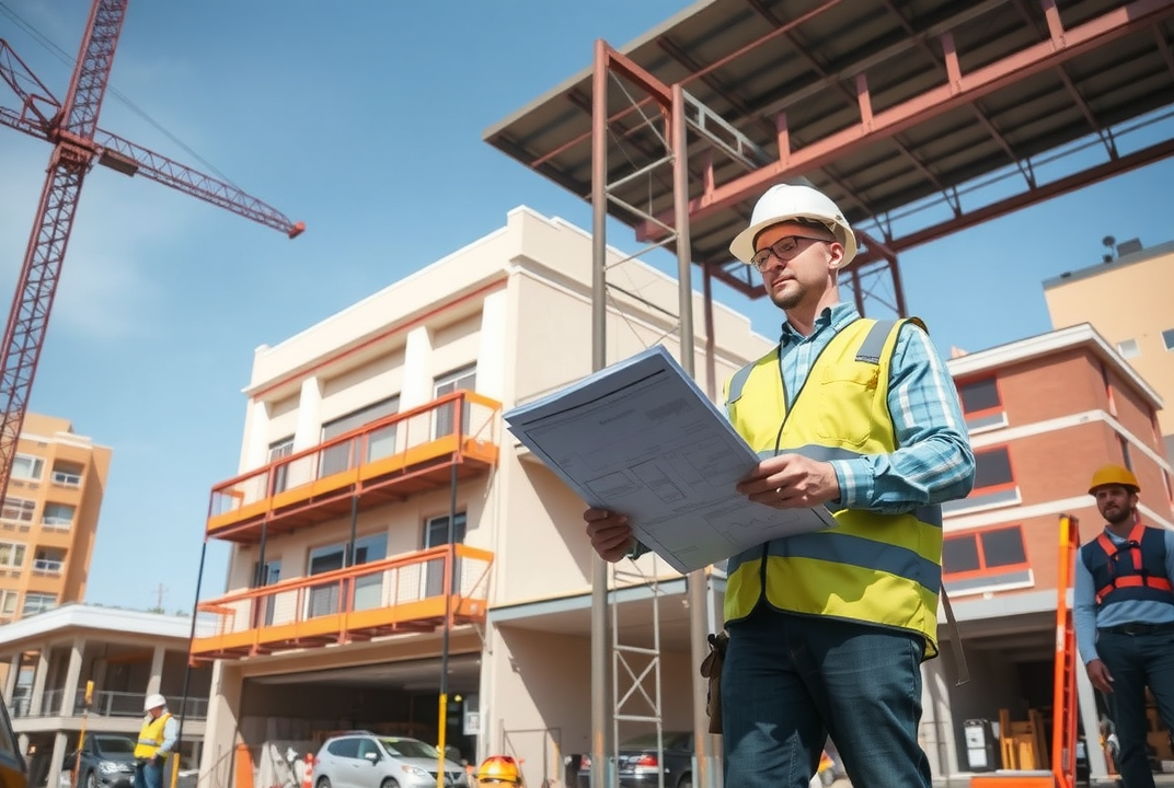 Structural engineer assesses soft story building for seismic retrofit in San Jose, with workers reinforcing structure.