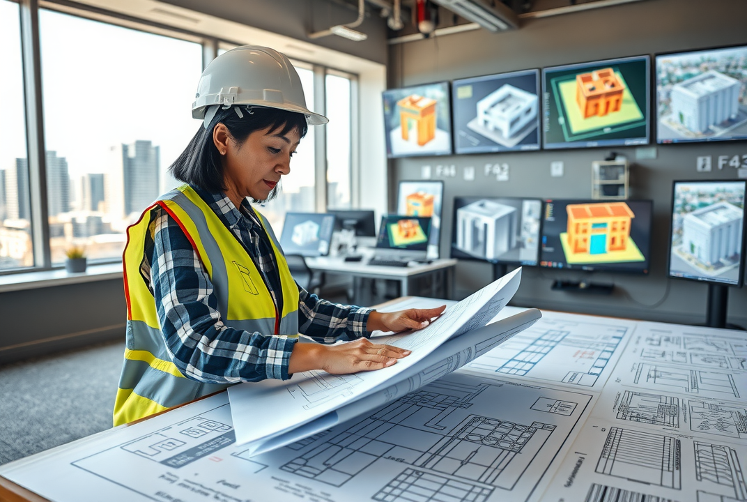 Middle-aged Asian structural engineer analyzes soft-story retrofit blueprints in a modern San Jose office.