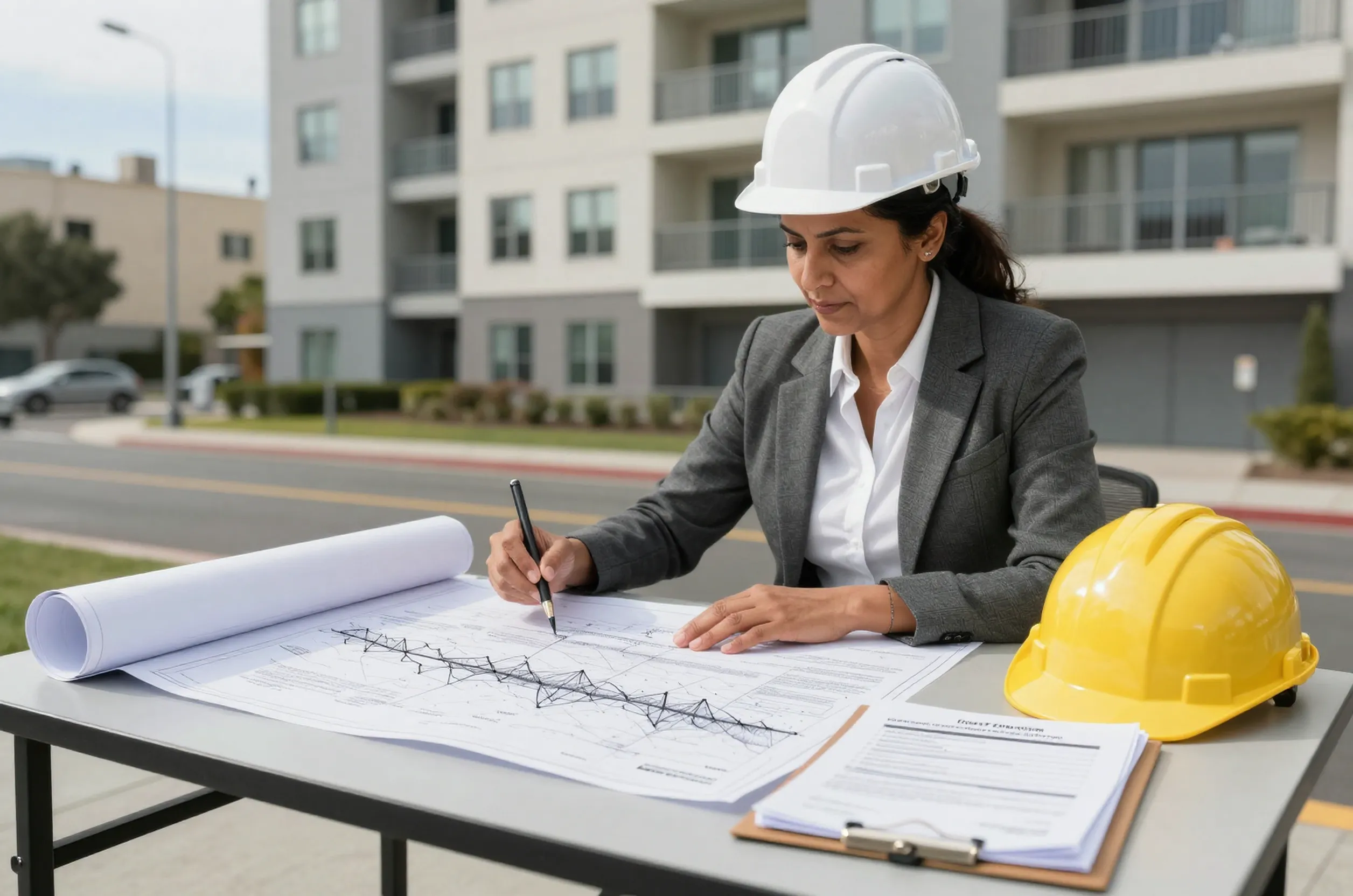 South Asian female structural engineer reviews seismic retrofit plans for FEMA grant, outdoors by modern Santa Monica building.