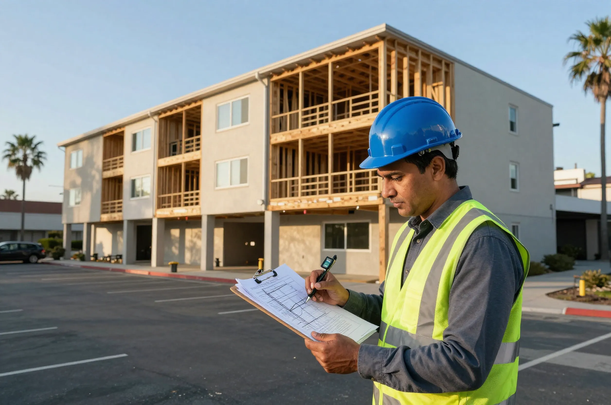 South Asian structural engineer reviews seismic retrofit drawings at a Santa Monica soft-story building.