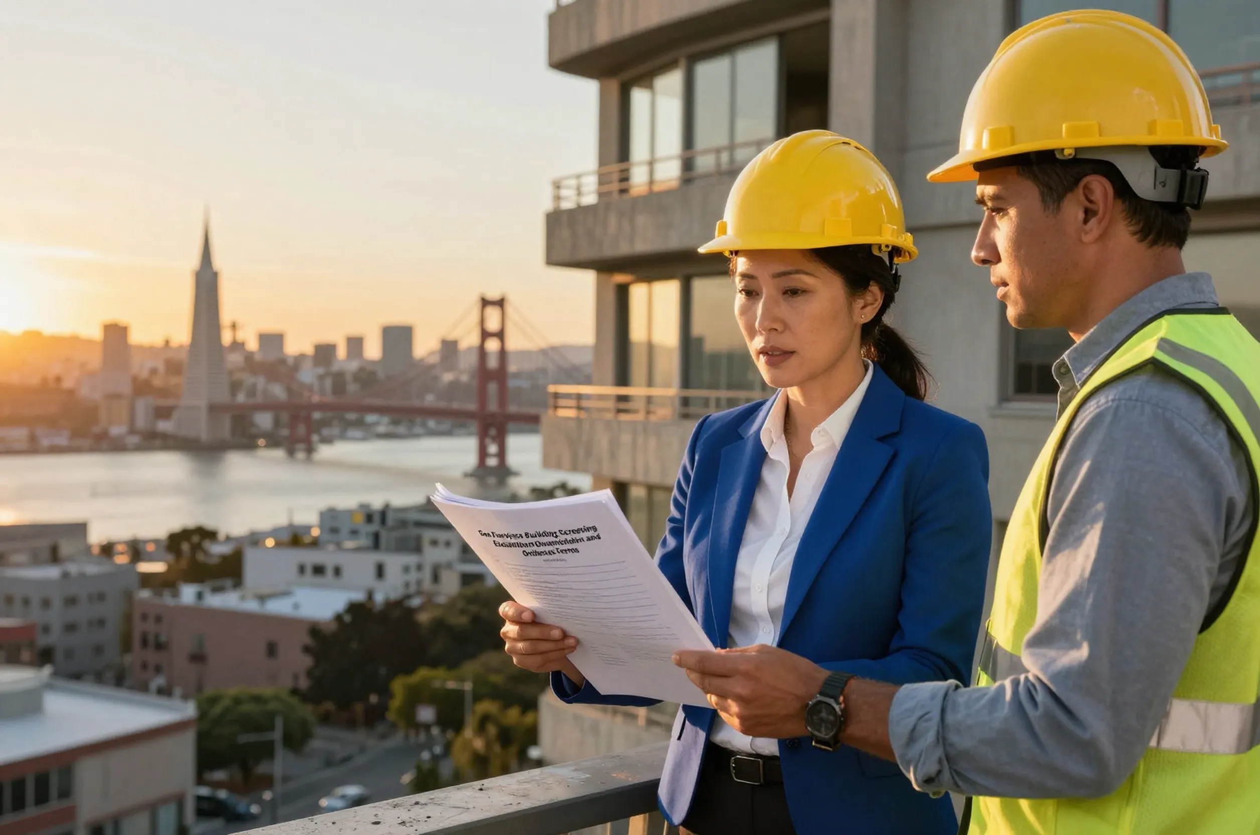 Asian female engineer reviews SF concrete screening exemption forms at a modern desk with a view of San Francisco's skyline.