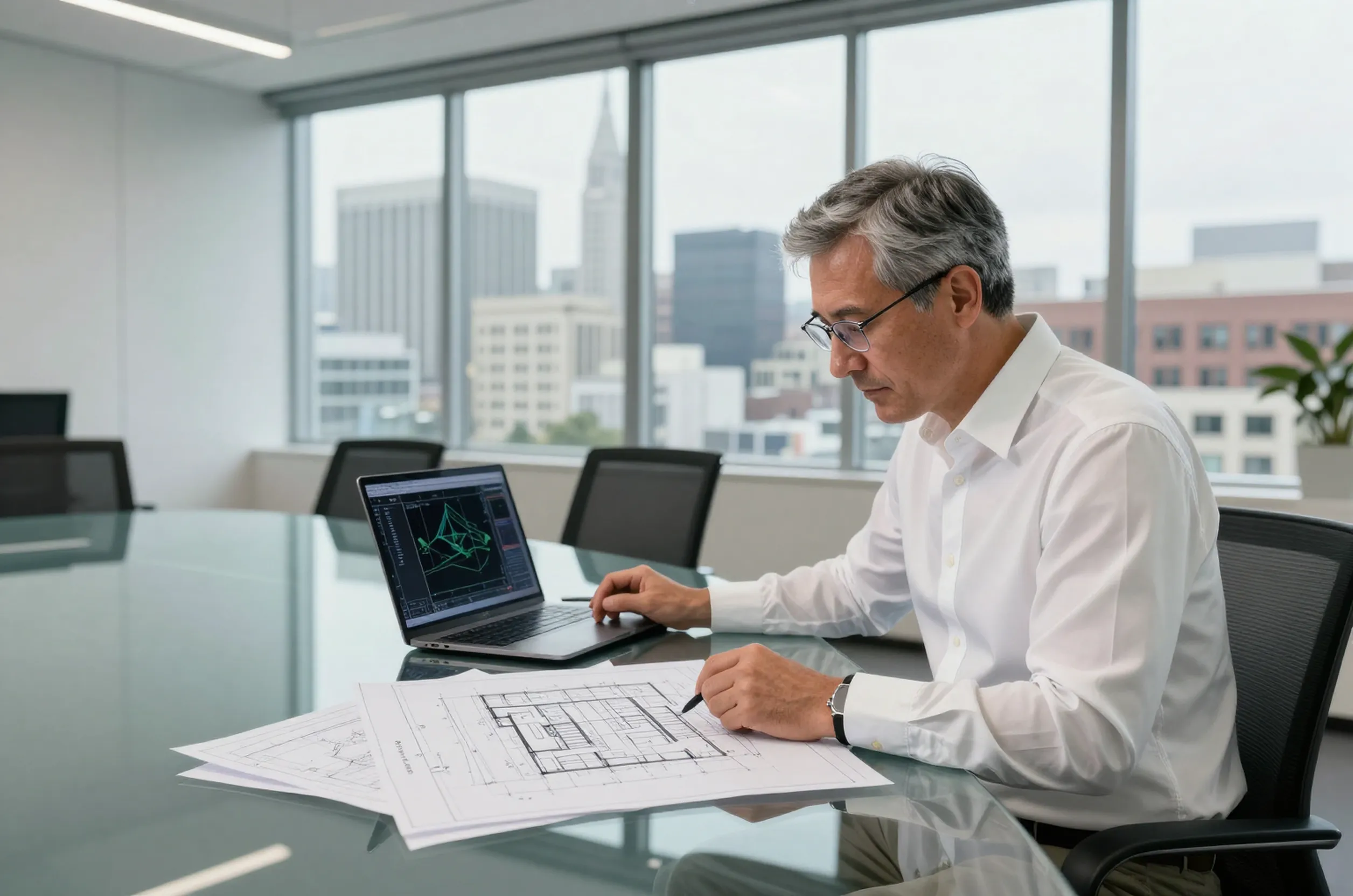 Structural engineer in SF office reviews plans with skyline view, referencing SF concrete screening notice.