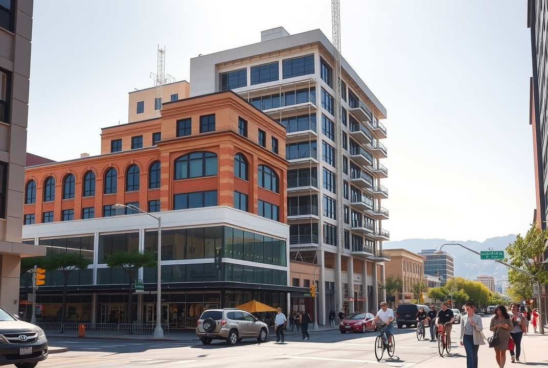 San Jose cityscape with soft-story buildings and retrofitted structures, bustling pedestrians, under sunny skies.