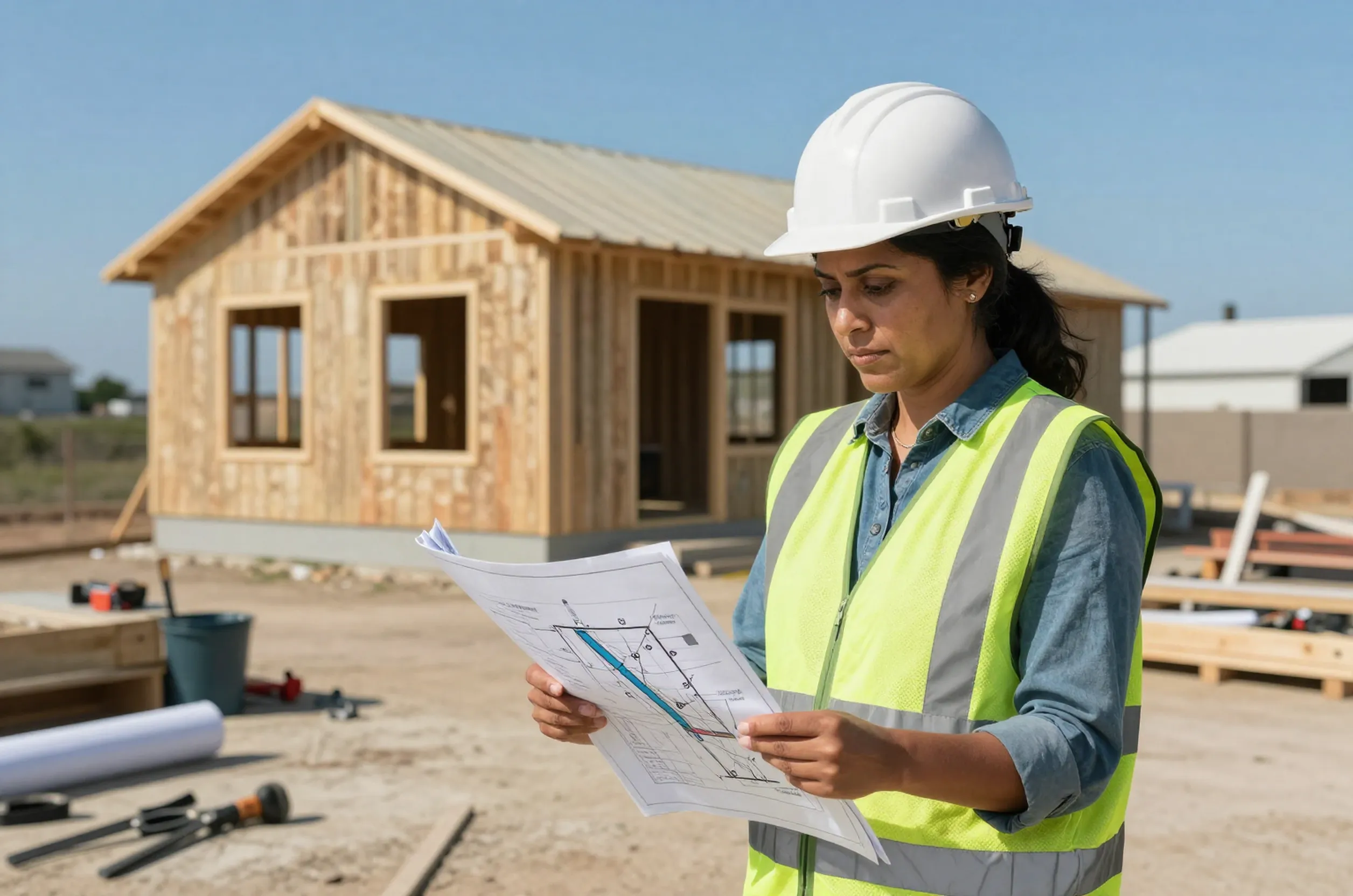 South Asian structural engineer reviews plans at two-story ADU construction site in Goleta, California.