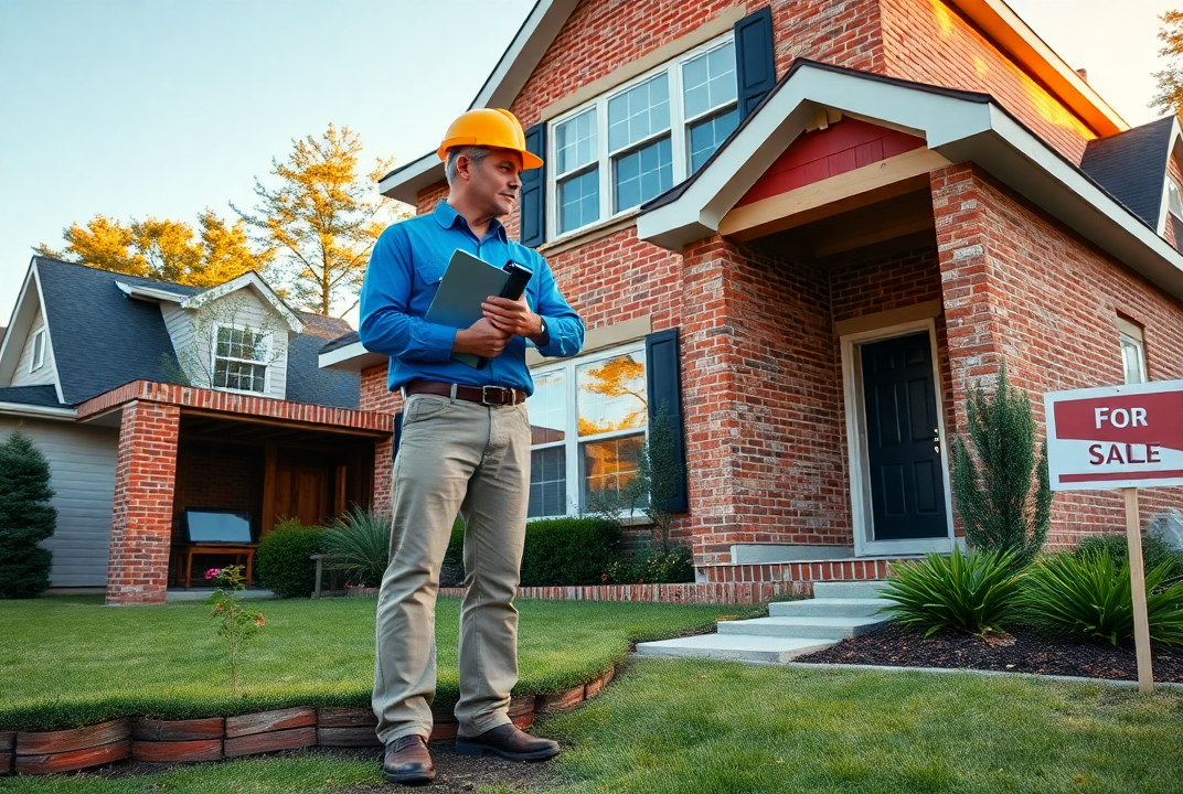 Structural engineer inspects foundation of a suburban home for sale, with potential buyers observing, during a late afternoon structural inspection.
