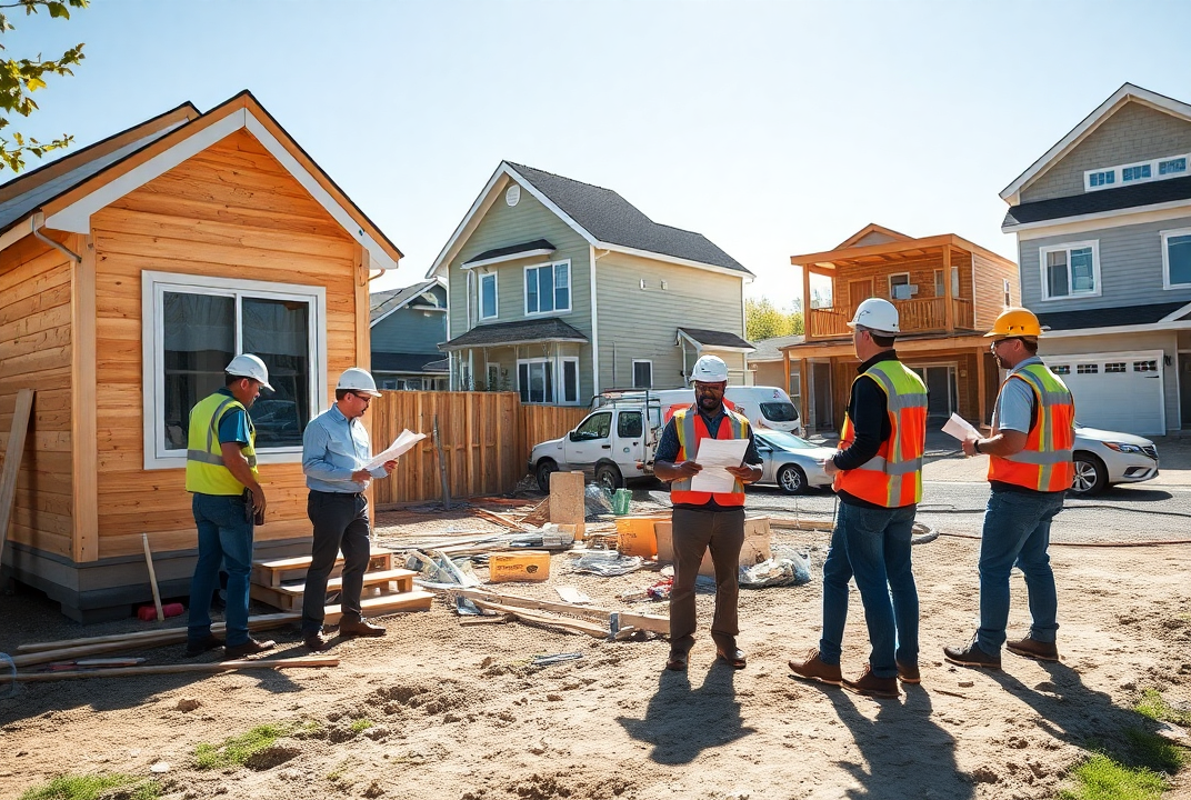 Construction site with various types of ADU, workers building a backyard cottage ADU, and engineers overseeing a garage conversion.
