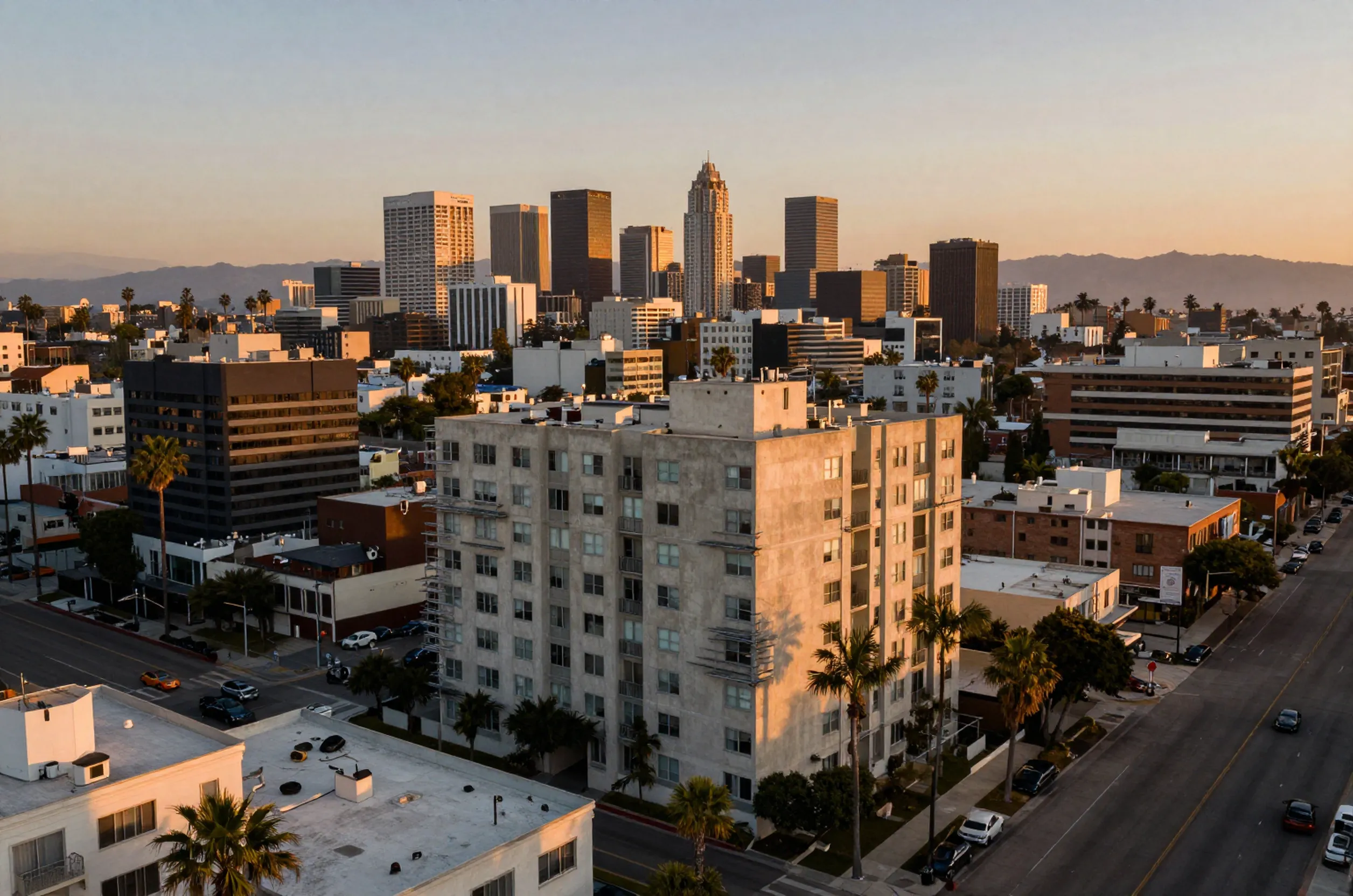 Aerial view of West Hollywood at dusk, highlighting buildings with seismic retrofit bracing under sunset light.