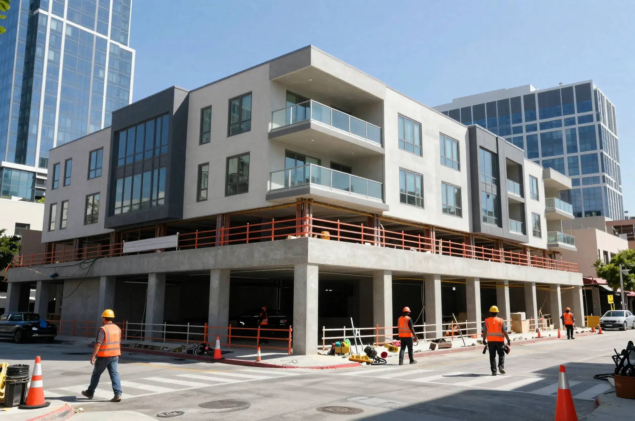 Workers retrofit San Jose apartment with steel braces for earthquake safety, amidst a bustling urban backdrop.
