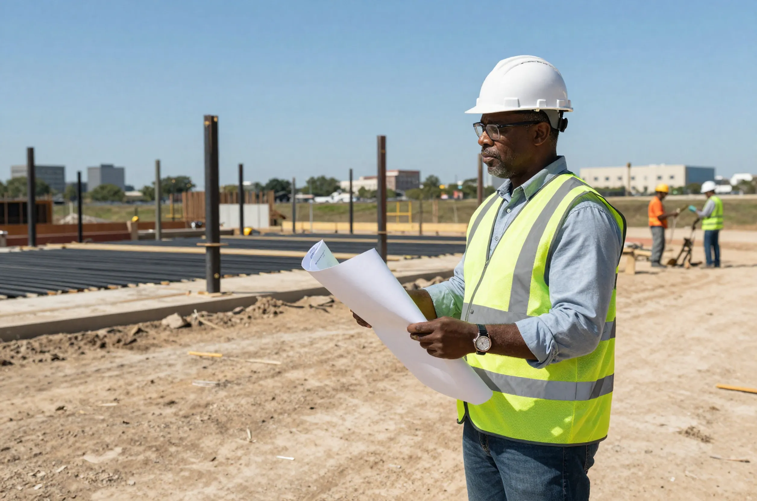 African American residential structural engineer in Dallas inspects a multifamily site, with workers and early construction visible.