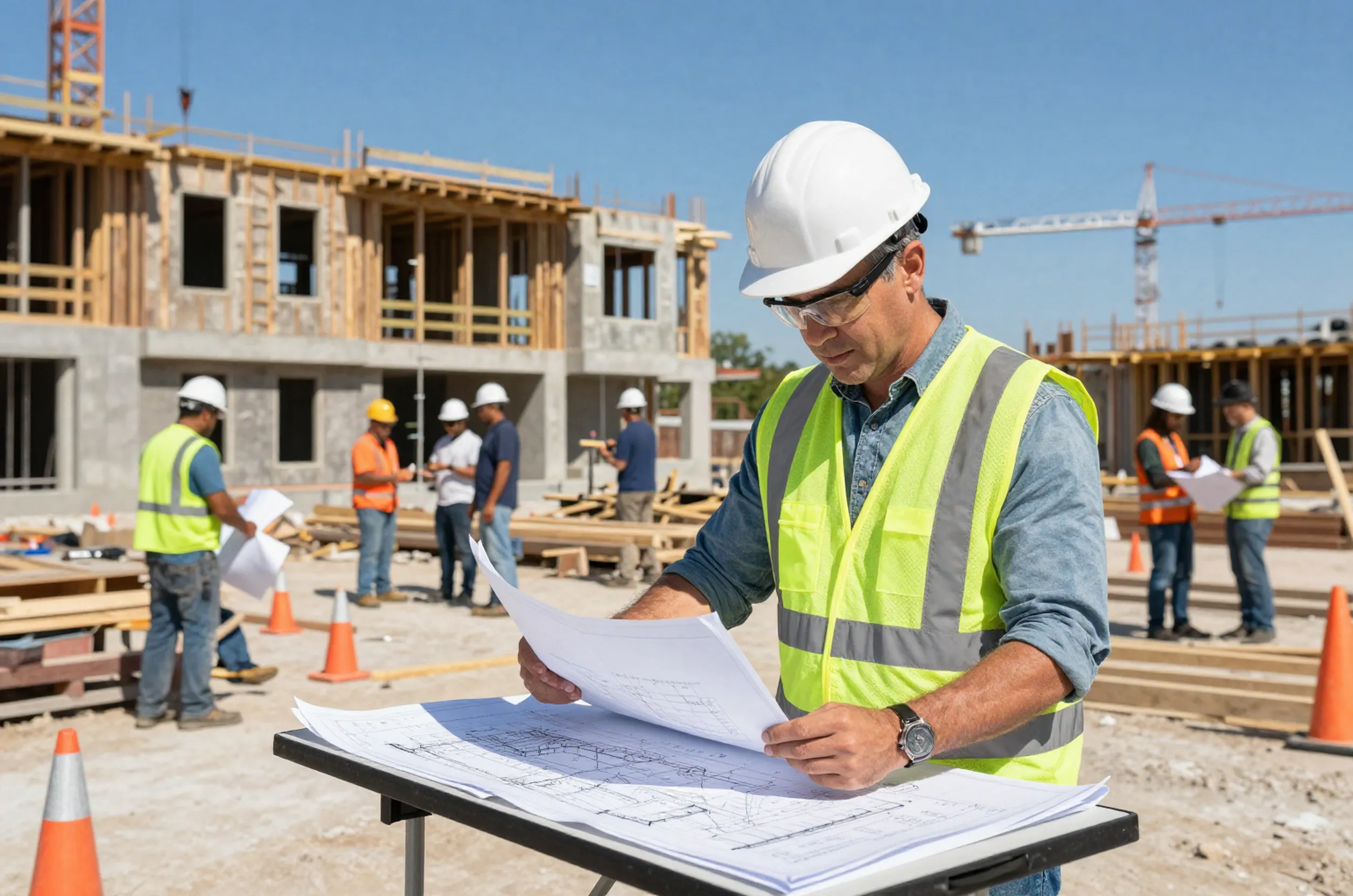Structural engineer in Dallas reviews plans at a residential construction site, with workers and crane in background.