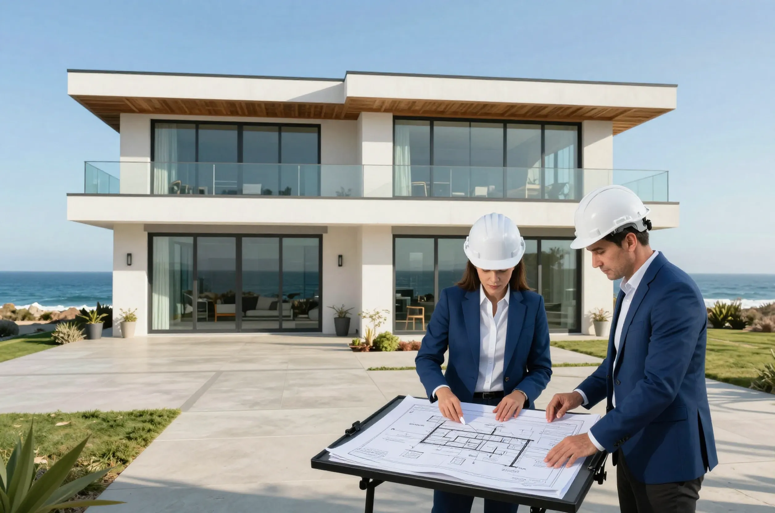 Engineers review Coastal Development Permit plans at luxury Goleta coastal property with modern ADU.