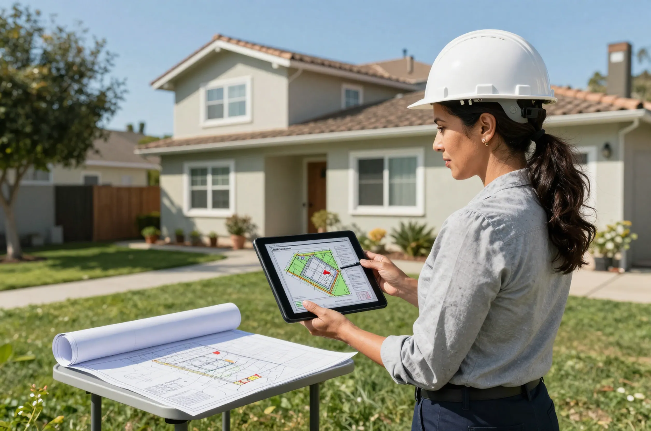 Hispanic female engineer performs ADU feasibility study in San Diego, reviewing plans on a tablet in a sunny backyard.